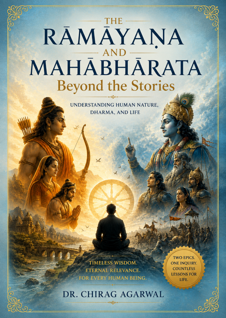 Book cover titled “The Rāmāyaṇa and Mahābhārata: Beyond the Stories”, with the subtitle “Understanding Human Nature, Dharma, and Life.” The cover depicts Rāma and Sītā on the left and Kṛṣṇa with figures from the Mahābhārata on the right, surrounding a seated reader before a radiant Dharma wheel. A river, ancient Indian architecture, mountains, warriors, horses, and a golden sky create an epic, contemplative scene. The cover states “Timeless Wisdom. Eternal Relevance. For Every Human Being.” and is authored by Dr. Chirag Agarwal.