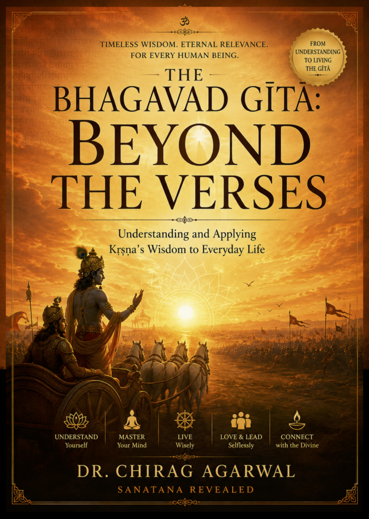 Book cover titled “The Bhagavad Gītā: Beyond the Verses”, with the subtitle “Understanding and Applying Kṛṣṇa’s Wisdom to Everyday Life.” The cover depicts Kṛṣṇa guiding Arjuna from a chariot on the Kurukṣetra battlefield at sunrise, with the radiant sky and battlefield stretching into the distance. Five symbols represent the book’s themes: understanding yourself, mastering your mind, living wisely, loving and leading selflessly, and connecting with the Divine. The cover is authored by Dr. Chirag Agarwal and published under Sanātana Revealed.