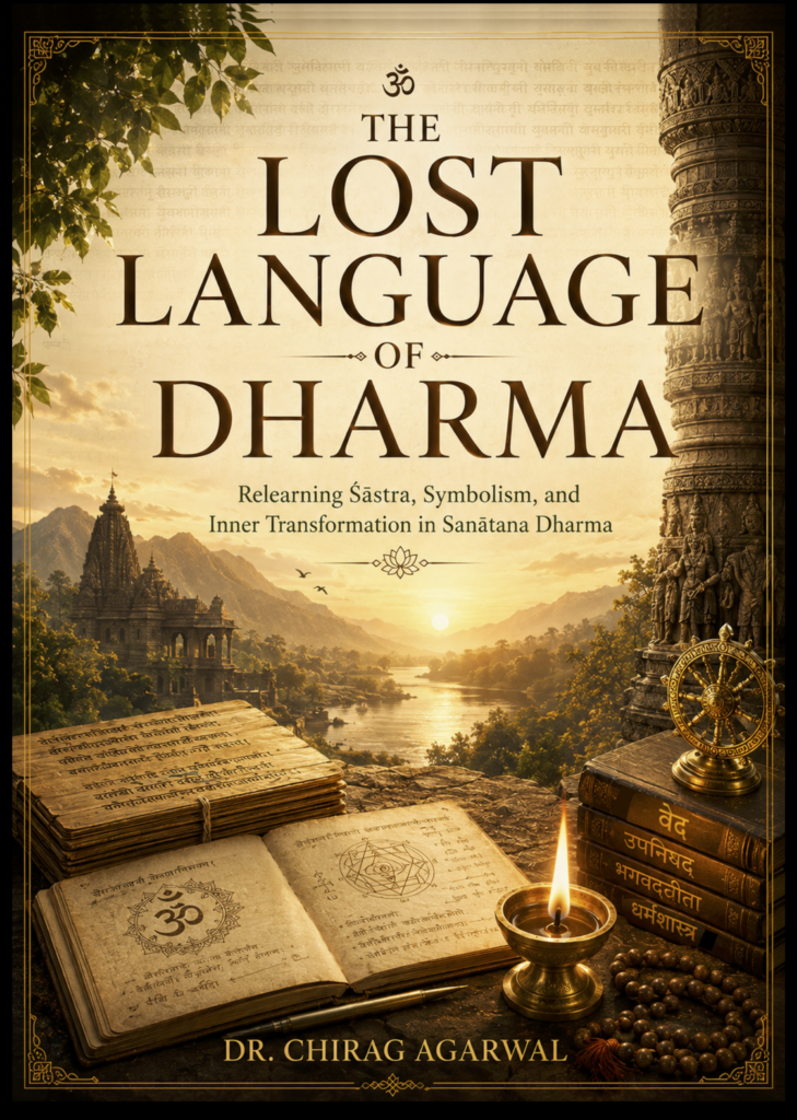 Book cover of The Lost Language of Dharma: Relearning Śāstra, Symbolism, and Inner Transformation in Sanātana Dharma by Dr. Chirag Agarwal, featuring ancient Hindu scriptures, temple architecture, sacred manuscripts, a dharma wheel, diya, prayer beads, and a serene river landscape, exploring Śāstra, symbolism, and inner transformation in Sanātana Dharma.