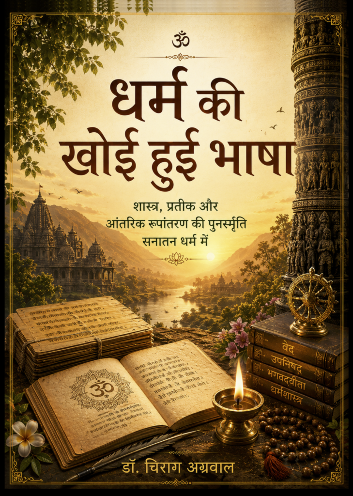 Book cover of The Lost Language of Dharma: Relearning Śāstra, Symbolism, and Inner Transformation in Sanātana Dharma by Dr. Chirag Agarwal, featuring ancient Hindu scriptures, temple architecture, sacred manuscripts, a dharma wheel, diya, prayer beads, and a serene river landscape, exploring Śāstra, symbolism, and inner transformation in Sanātana Dharma.
