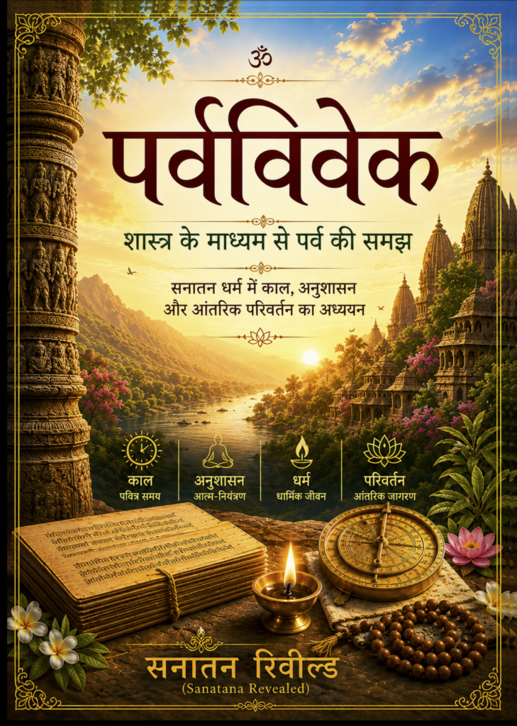 Hindi book cover titled “Parva Viveka” (पर्वविवेक), subtitled “शास्त्र के माध्यम से पर्व की समझ” (Understanding Festivals through the Scriptures), with the description “A Study of Time, Discipline, and Inner Transformation in Sanātana Dharma.” Written by Dr. Chirag Agarwal. The cover features ancient Indian temples beside a river at sunset, mountains, sacred scriptures, a lit oil lamp, a traditional time-measuring instrument, and a rudrākṣa mala. The bottom displays “Sanātana Revealed.”