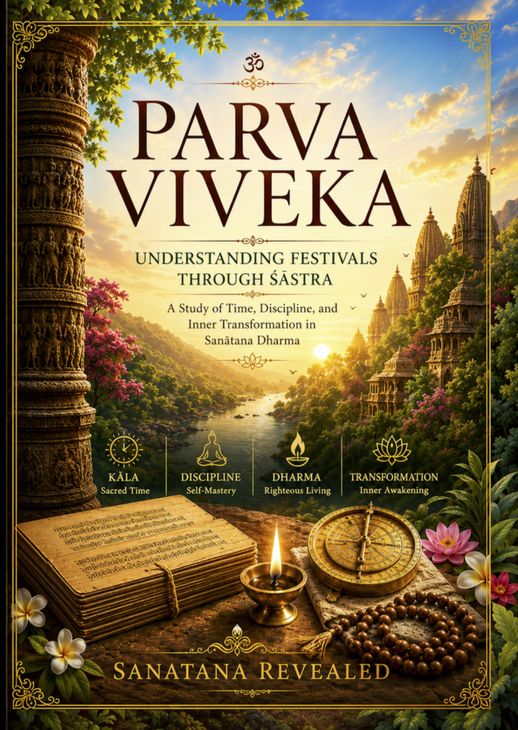 Book cover of Parva Viveka: Understanding Festivals Through Śāstra by Dr. Chirag Agarwal, a study of sacred time, discipline, dharma, and inner transformation in Sanātana Dharma, featuring an ornate temple landscape, sacred scriptures, diya, compass, and prayer beads, published by Sanatana Revealed.